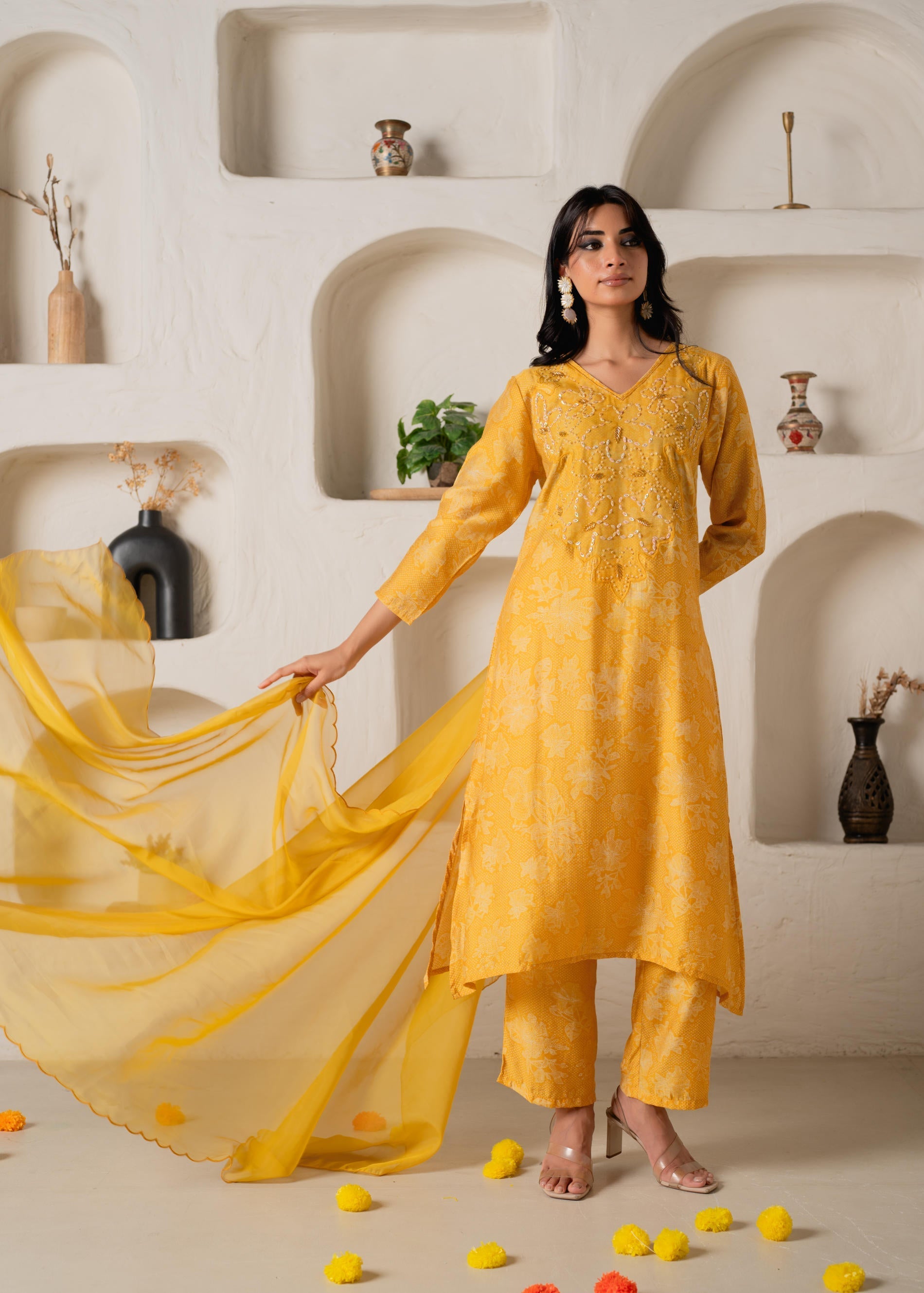 Juniper Mustard Floral Embellished A-Line Kurta Pant And Dupatta Set With Beads & Sequence Work - Distacart