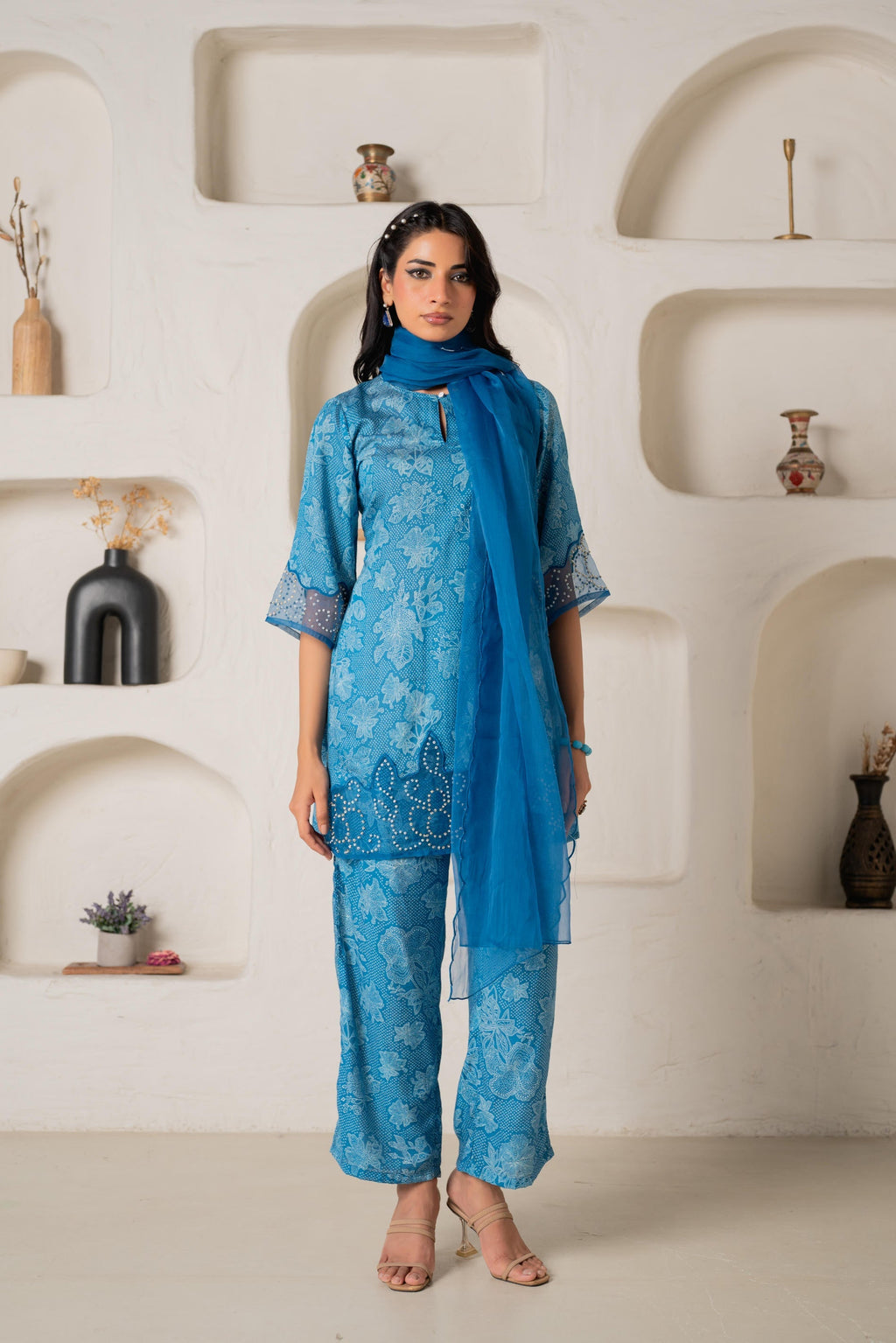 Juniper Blue Floral Embellished A-Line Kurta Pant And Dupatta Set With Beads & Sequence Work - Distacart