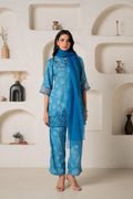 Juniper Blue Floral Embellished A-Line Kurta Pant And Dupatta Set With Beads & Sequence Work - Distacart