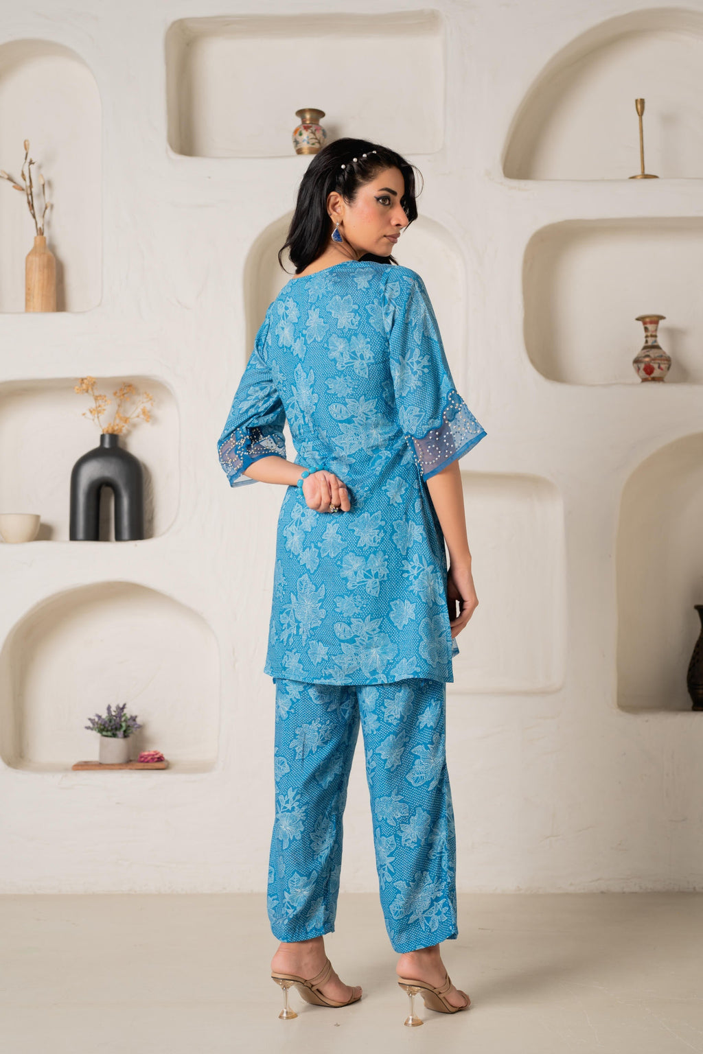 Juniper Blue Floral Embellished A-Line Kurta Pant And Dupatta Set With Beads & Sequence Work - Distacart