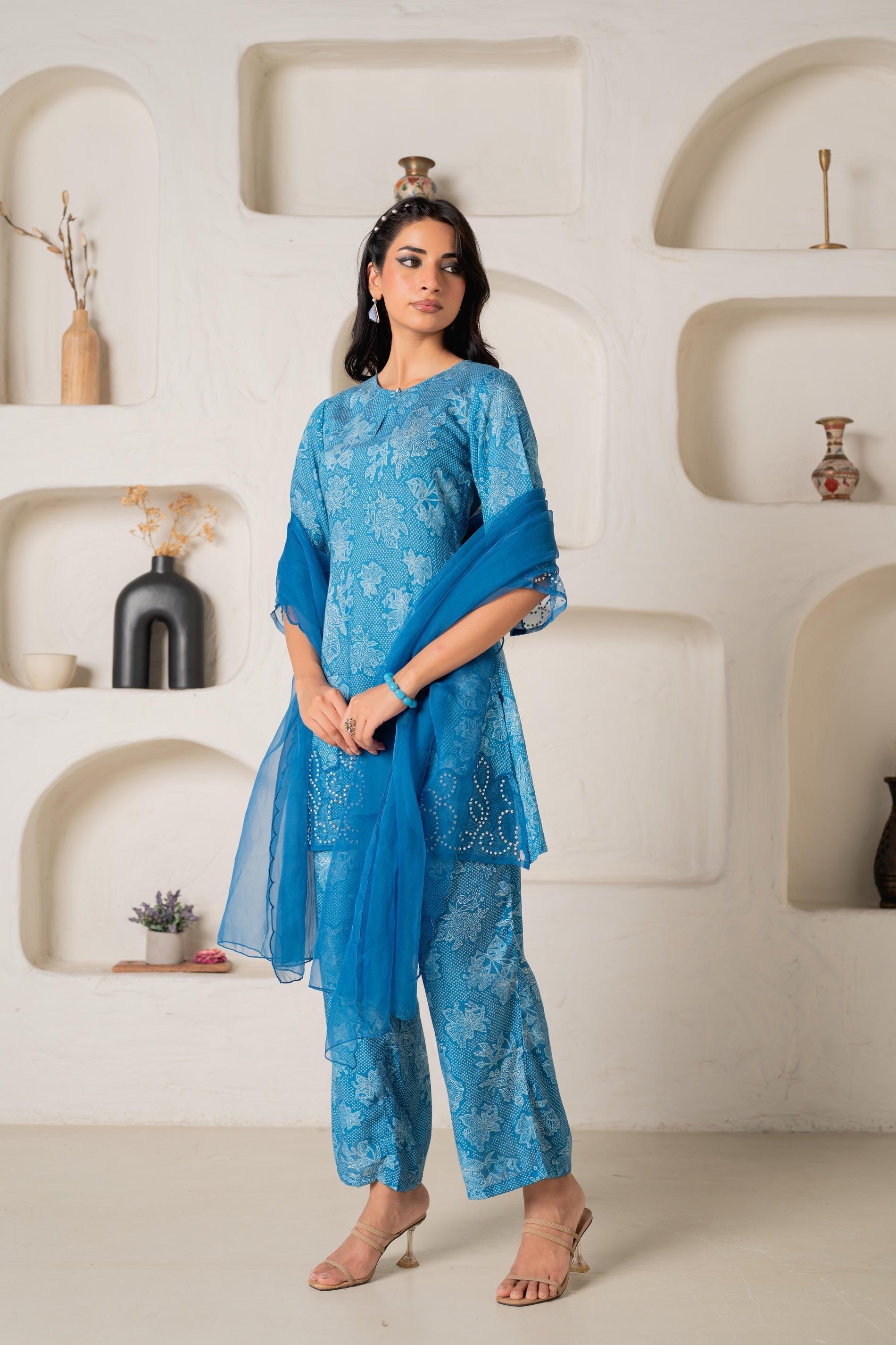 Juniper Blue Floral Embellished A-Line Kurta Pant And Dupatta Set With Beads & Sequence Work - Distacart