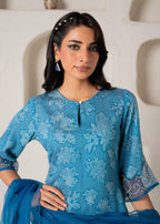 Juniper Blue Floral Embellished A-Line Kurta Pant And Dupatta Set With Beads & Sequence Work - Distacart
