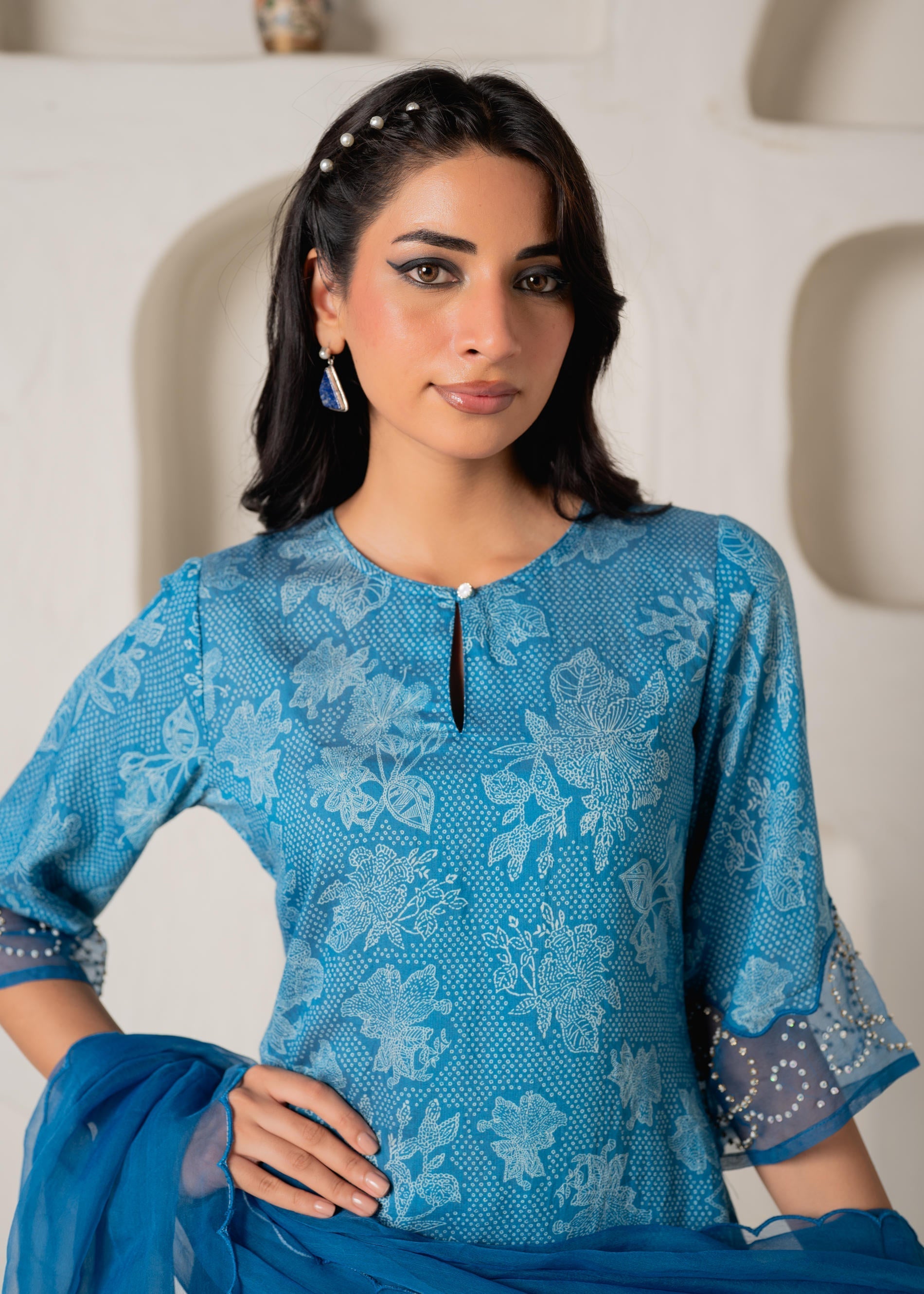Juniper Blue Floral Embellished A-Line Kurta Pant And Dupatta Set With Beads & Sequence Work - Distacart