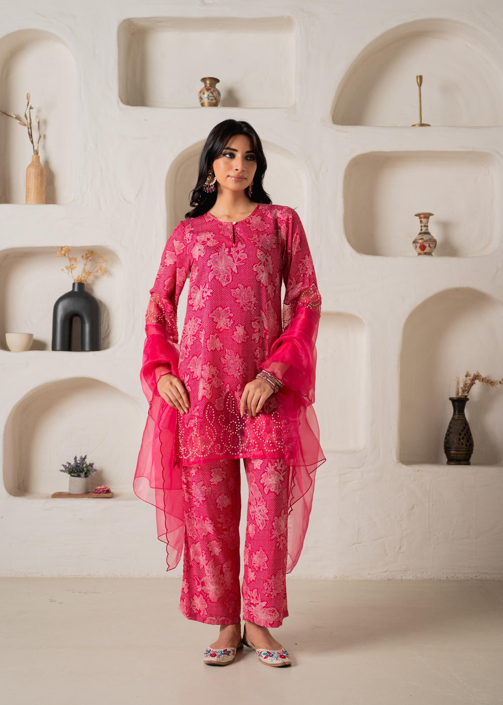 Juniper Fuchsia Floral Embellished A-Line Kurta Pant And Dupatta Set With Beads & Sequence Work - Distacart