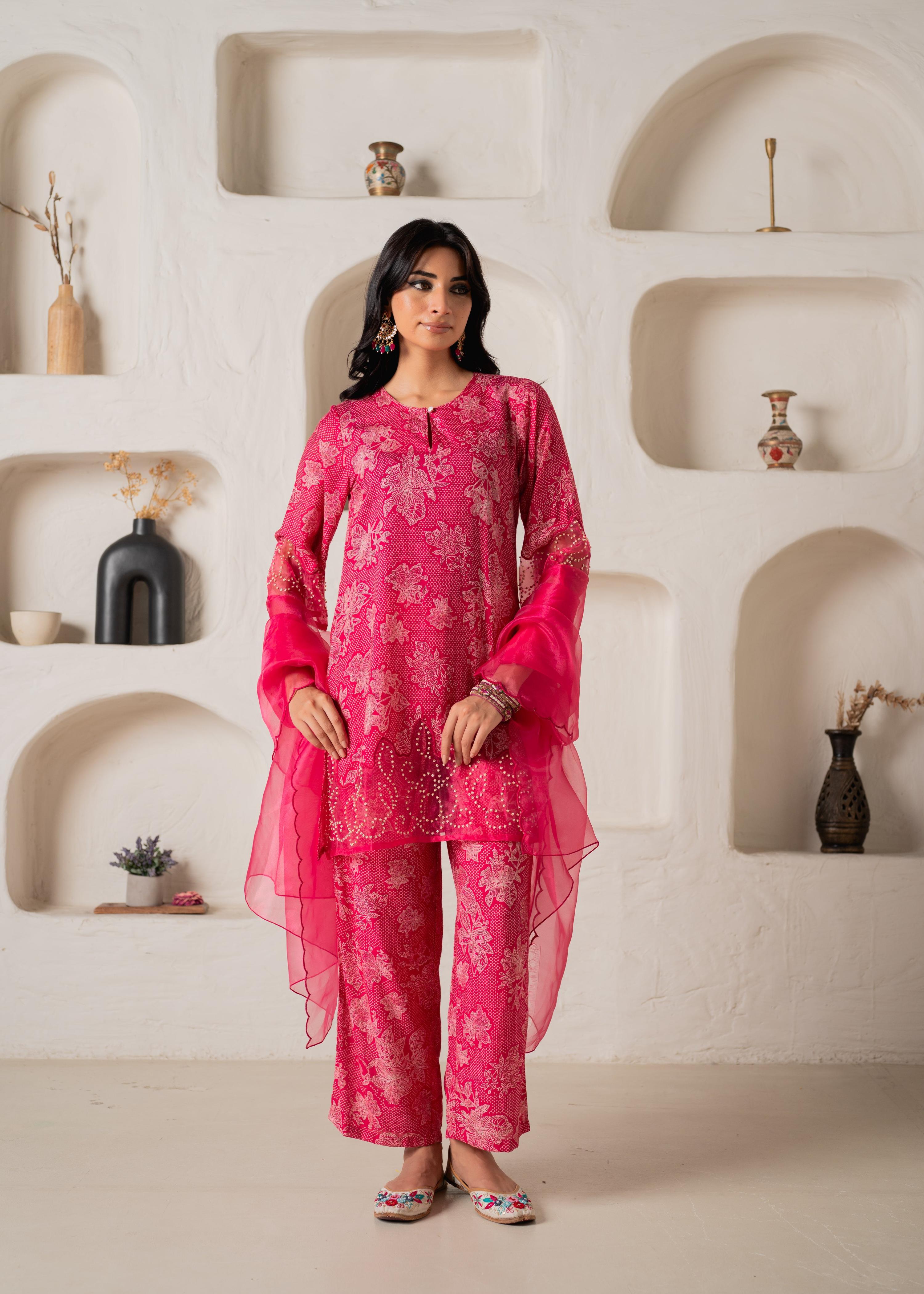 Juniper Pink Floral Embellished A-Line Kurta Pant And Dupatta Set With Beads & Sequence Work - Distacart