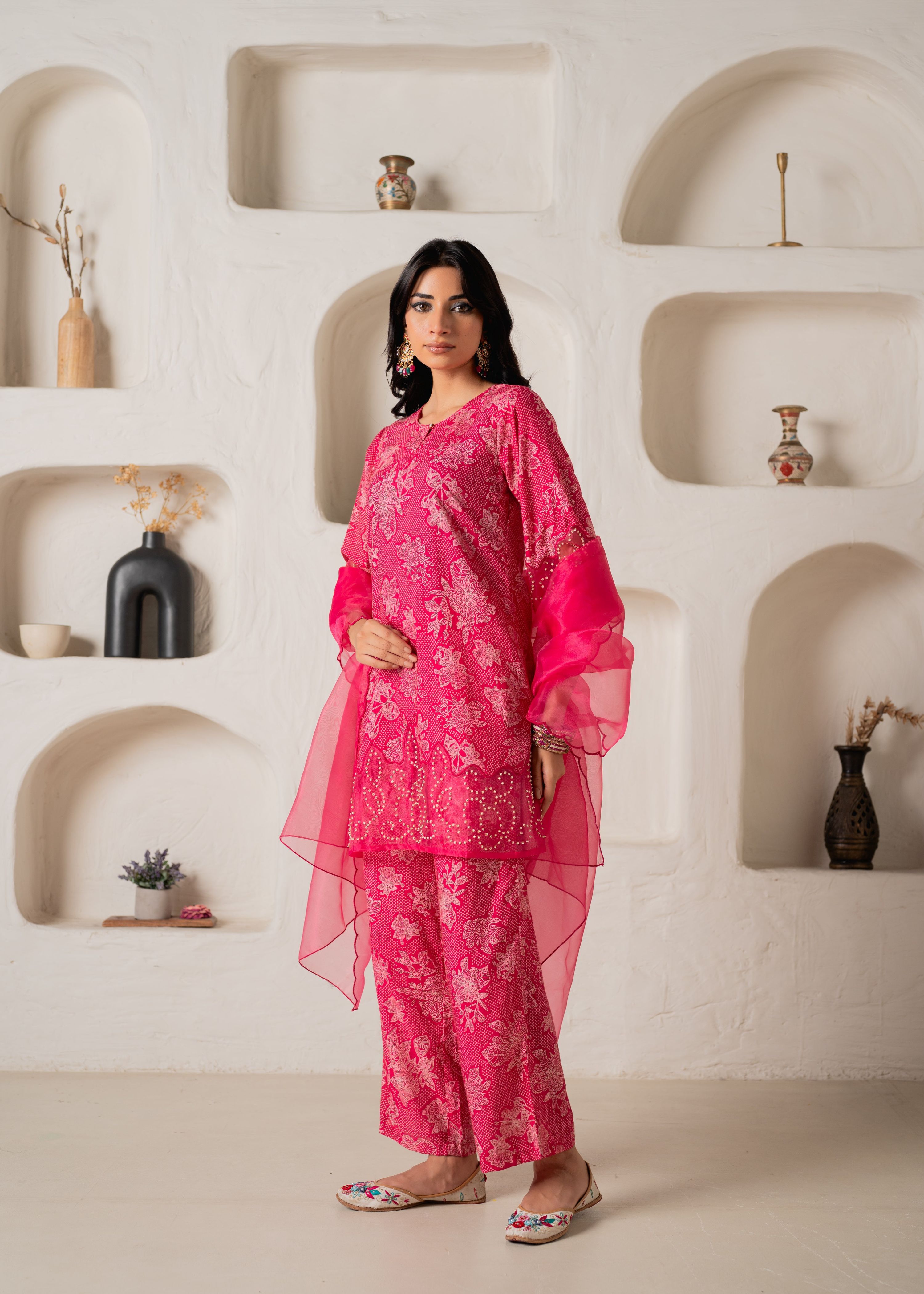 Juniper Pink Floral Embellished A-Line Kurta Pant And Dupatta Set With Beads & Sequence Work - Distacart