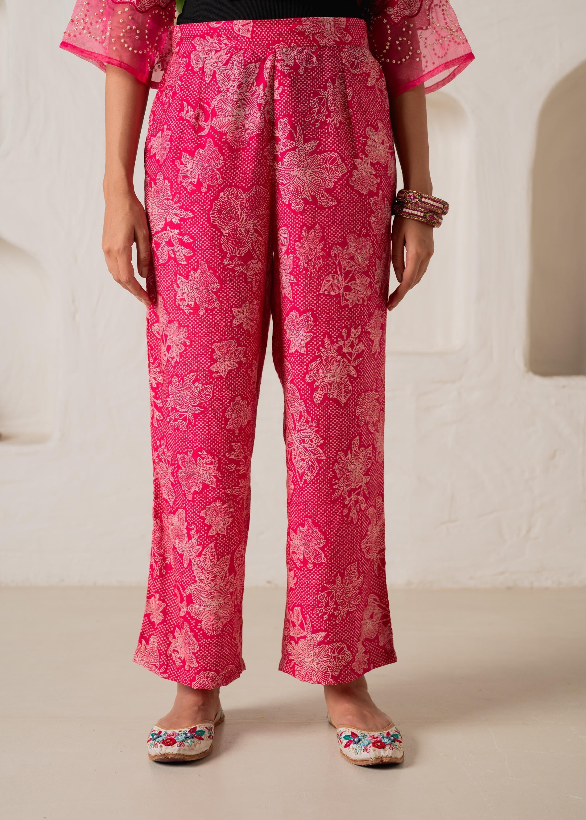Juniper Fuchsia Floral Embellished A-Line Kurta Pant And Dupatta Set With Beads & Sequence Work - Distacart