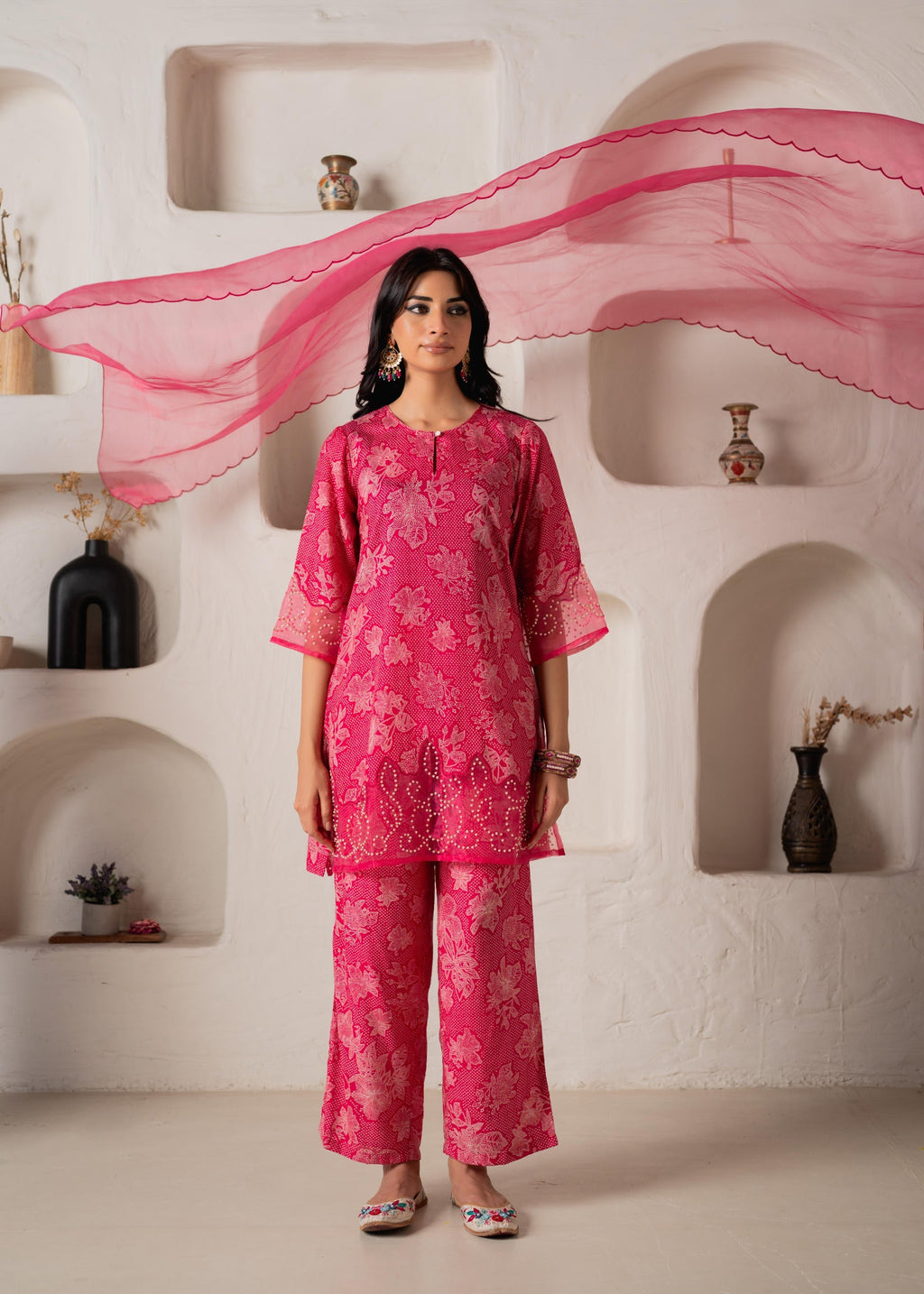 Juniper Fuchsia Floral Embellished A-Line Kurta Pant And Dupatta Set With Beads & Sequence Work - Distacart