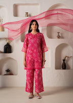 Juniper Pink Floral Embellished A-Line Kurta Pant And Dupatta Set With Beads & Sequence Work - Distacart