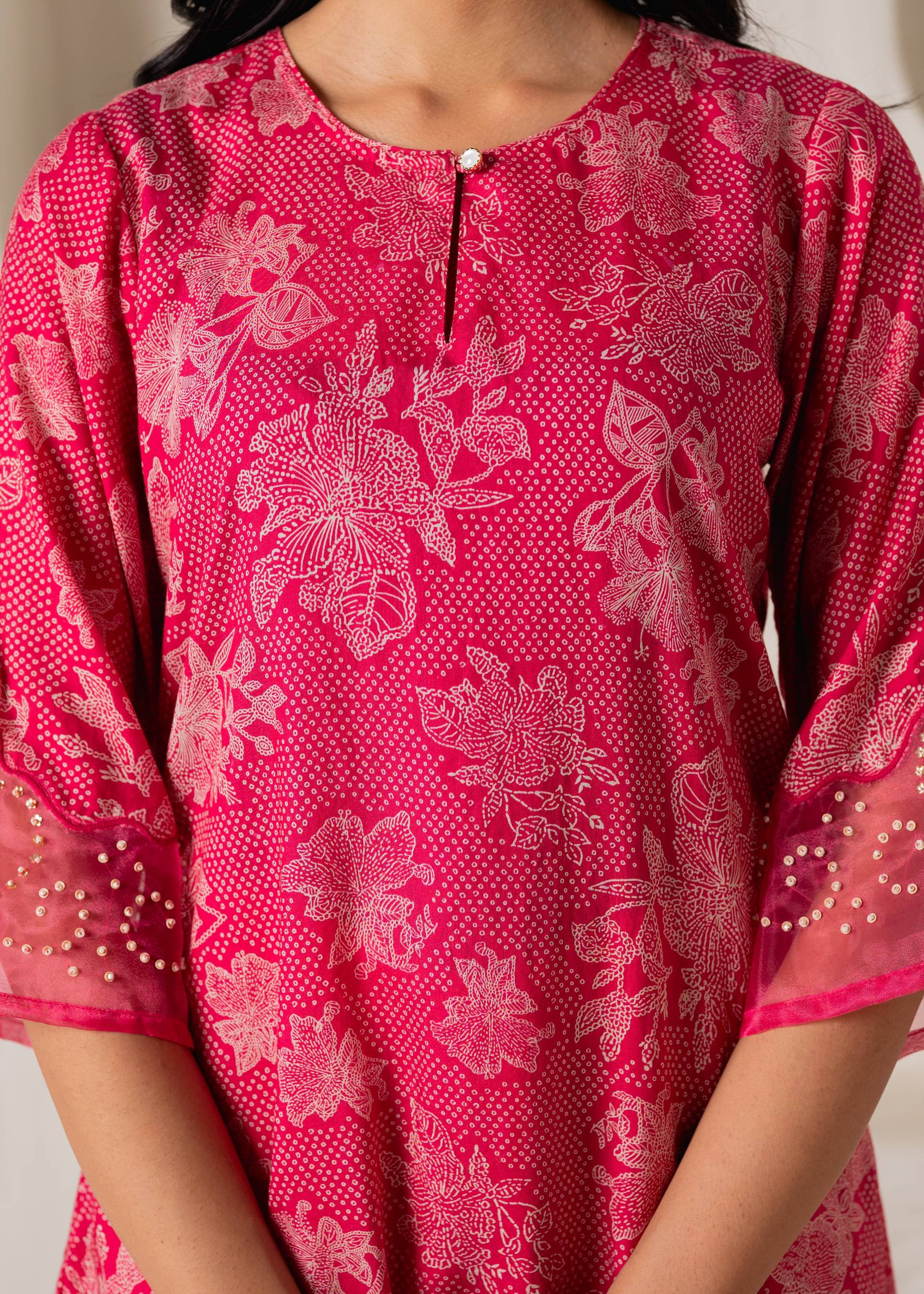 Juniper Pink Floral Embellished A-Line Kurta Pant And Dupatta Set With Beads & Sequence Work - Distacart