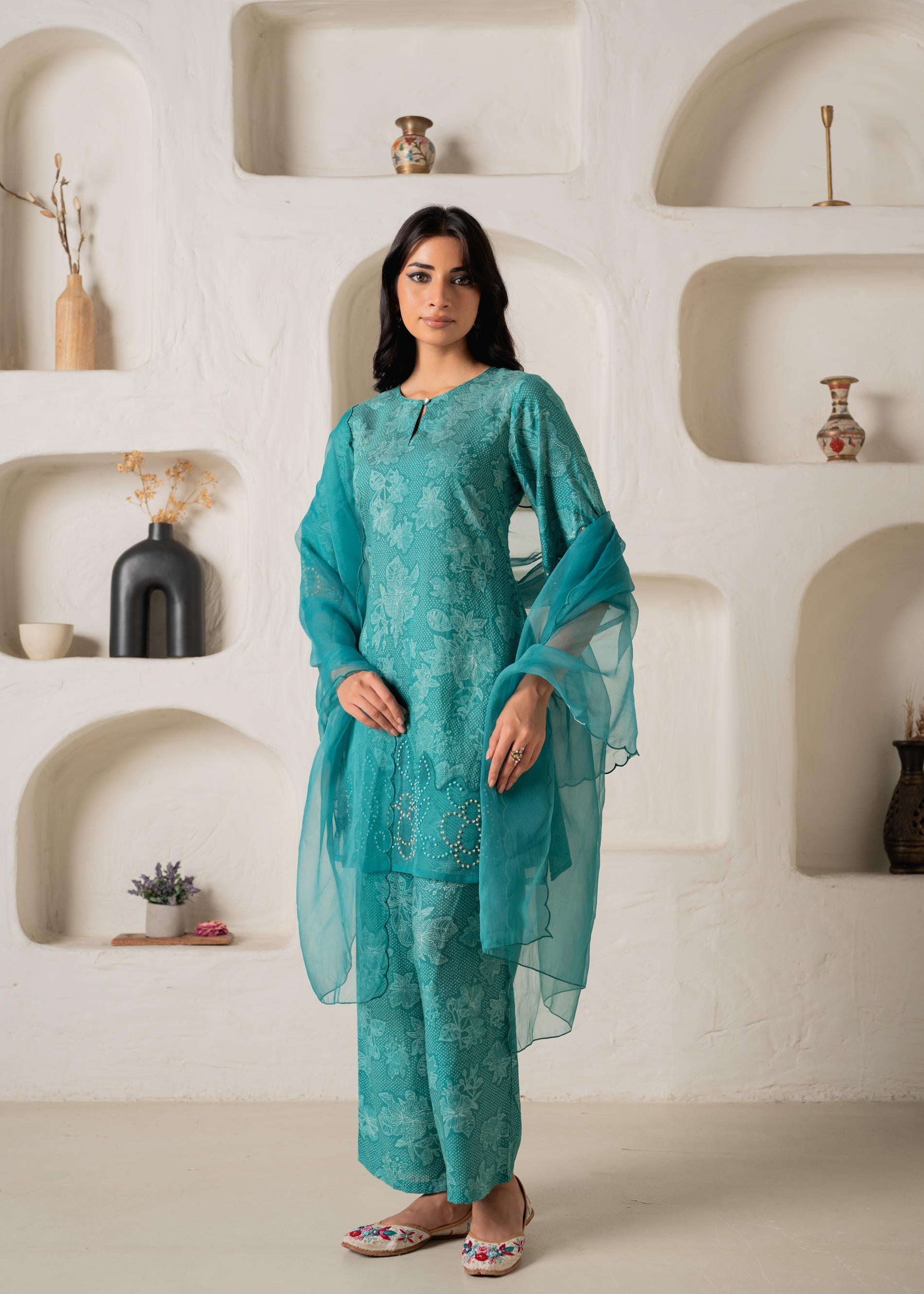 Juniper Green Floral Embellished A-Line Kurta Pant And Dupatta Set With Beads & Sequence Work - Distacart