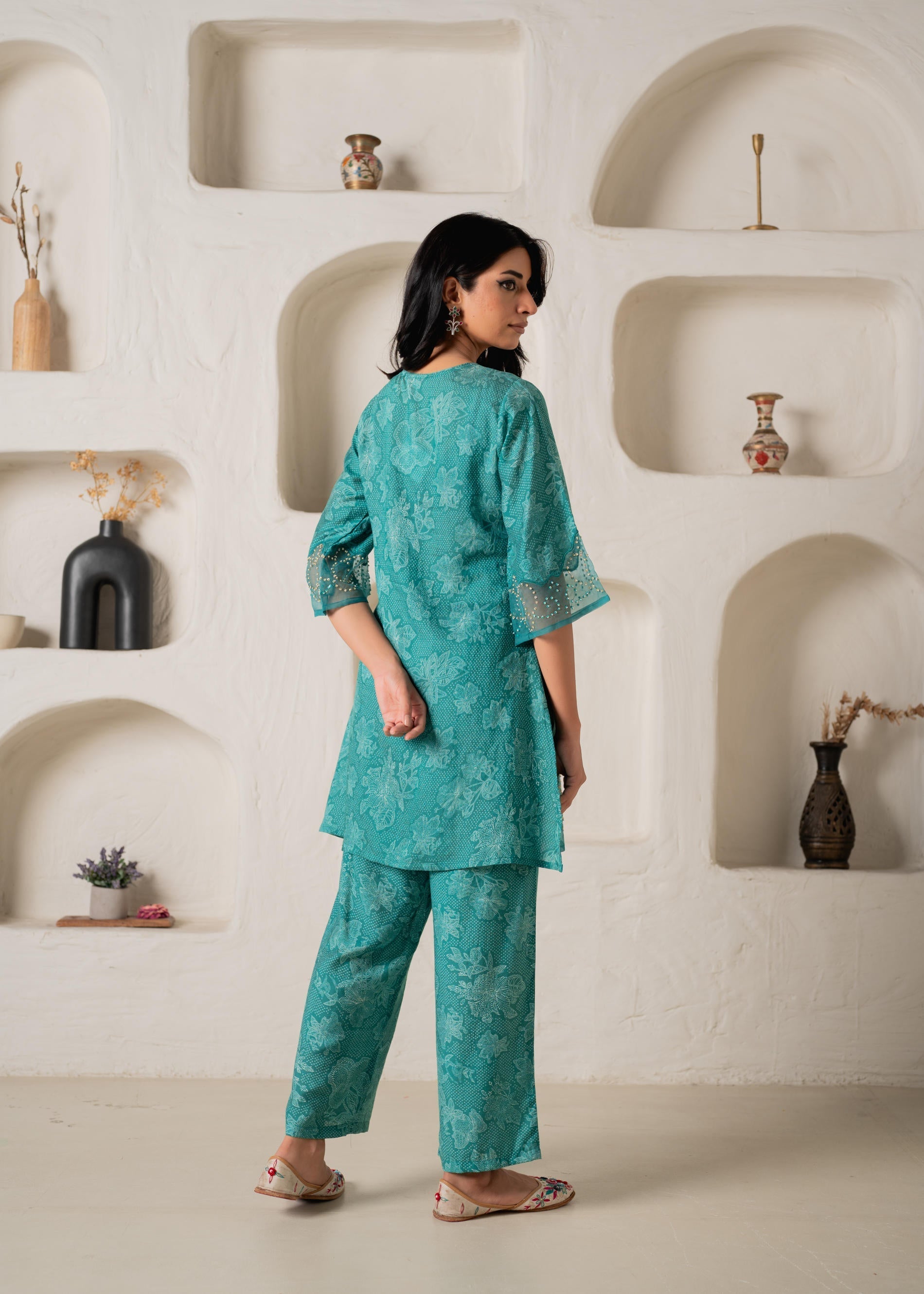 Juniper Green Floral Embellished A-Line Kurta Pant And Dupatta Set With Beads & Sequence Work - Distacart