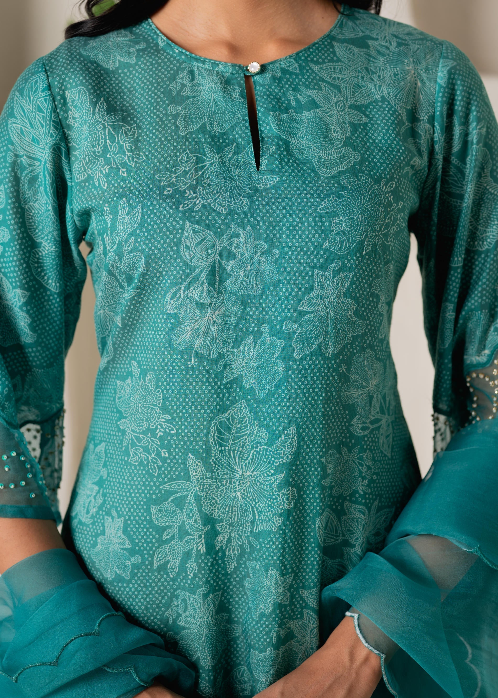 Juniper Green Floral Embellished A-Line Kurta Pant And Dupatta Set With Beads & Sequence Work - Distacart