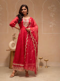 Juniper Red Floral Viscose Kurta, Pants And Dupatta Set With Mirror, Thread Work And Sequence - Distacart