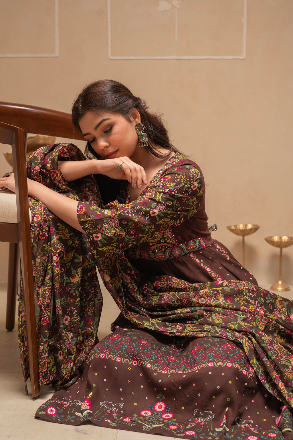 Juniper Brown Floral Viscose Kurta Pant Dupatta Set With Thread Work And Sequence - Distacart