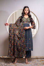 Juniper Grey Floral Viscose Kurta Pant Dupatta Set With Thread Work And Sequence - Distacart