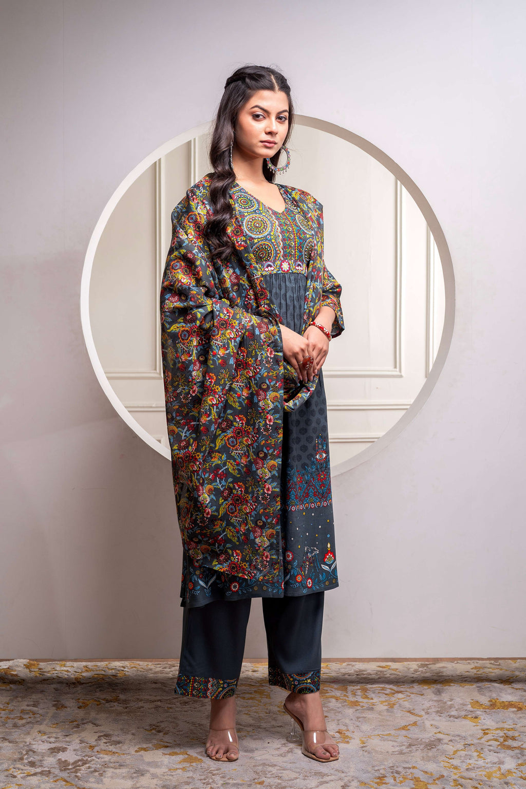 Juniper Grey Floral Viscose Kurta Pant Dupatta Set With Thread Work And Sequence - Distacart