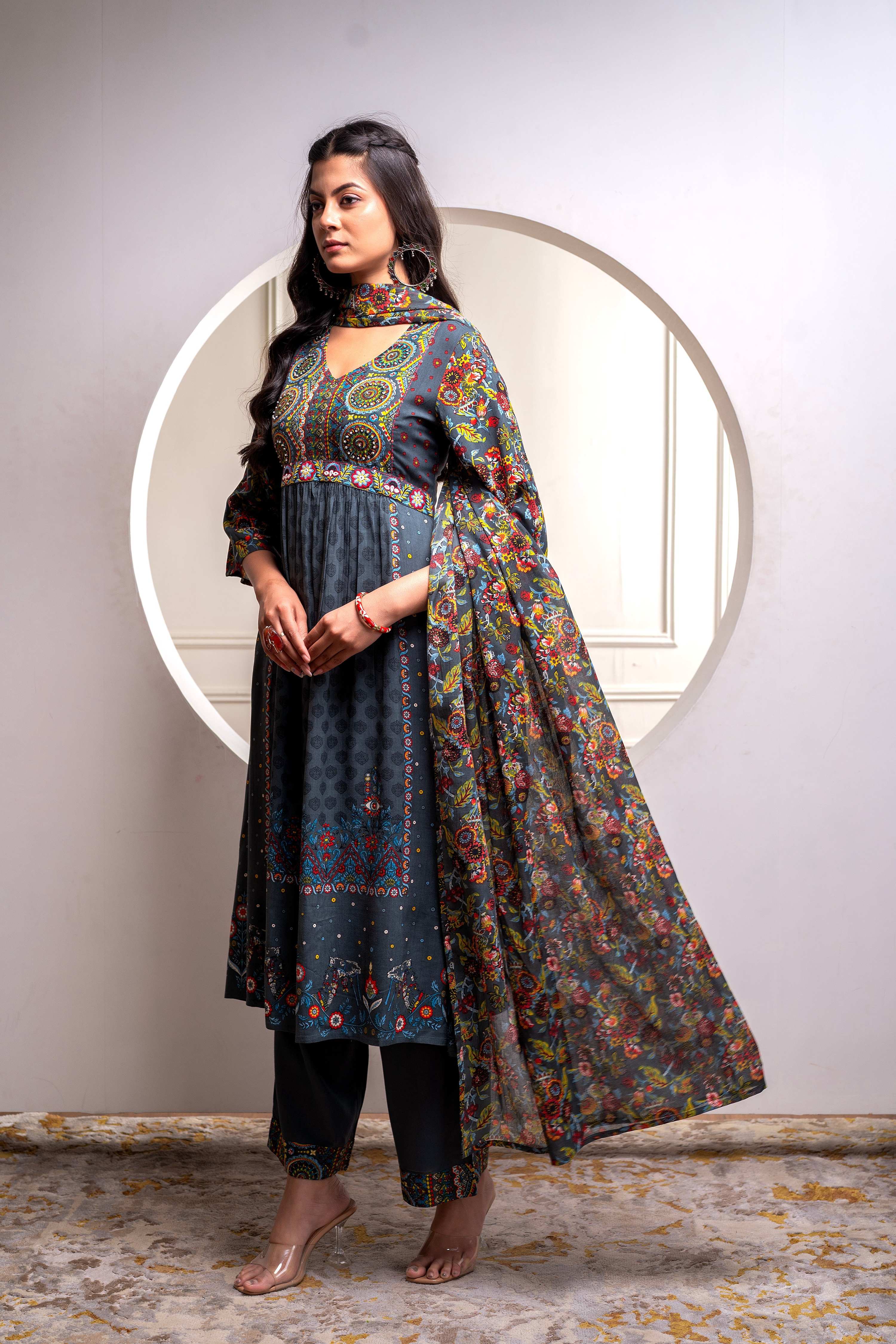 Juniper Grey Floral Viscose Kurta Pant Dupatta Set With Thread Work And Sequence - Distacart
