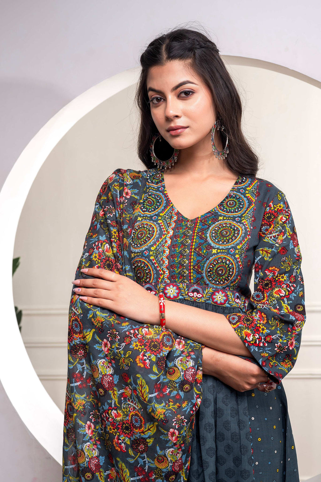 Juniper Grey Floral Viscose Kurta Pant Dupatta Set With Thread Work And Sequence - Distacart