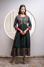 Juniper Viscose Bottle Green Embroidered Long Dress And Shrug Set With Thread, Mirror Work & Beads - Distacart