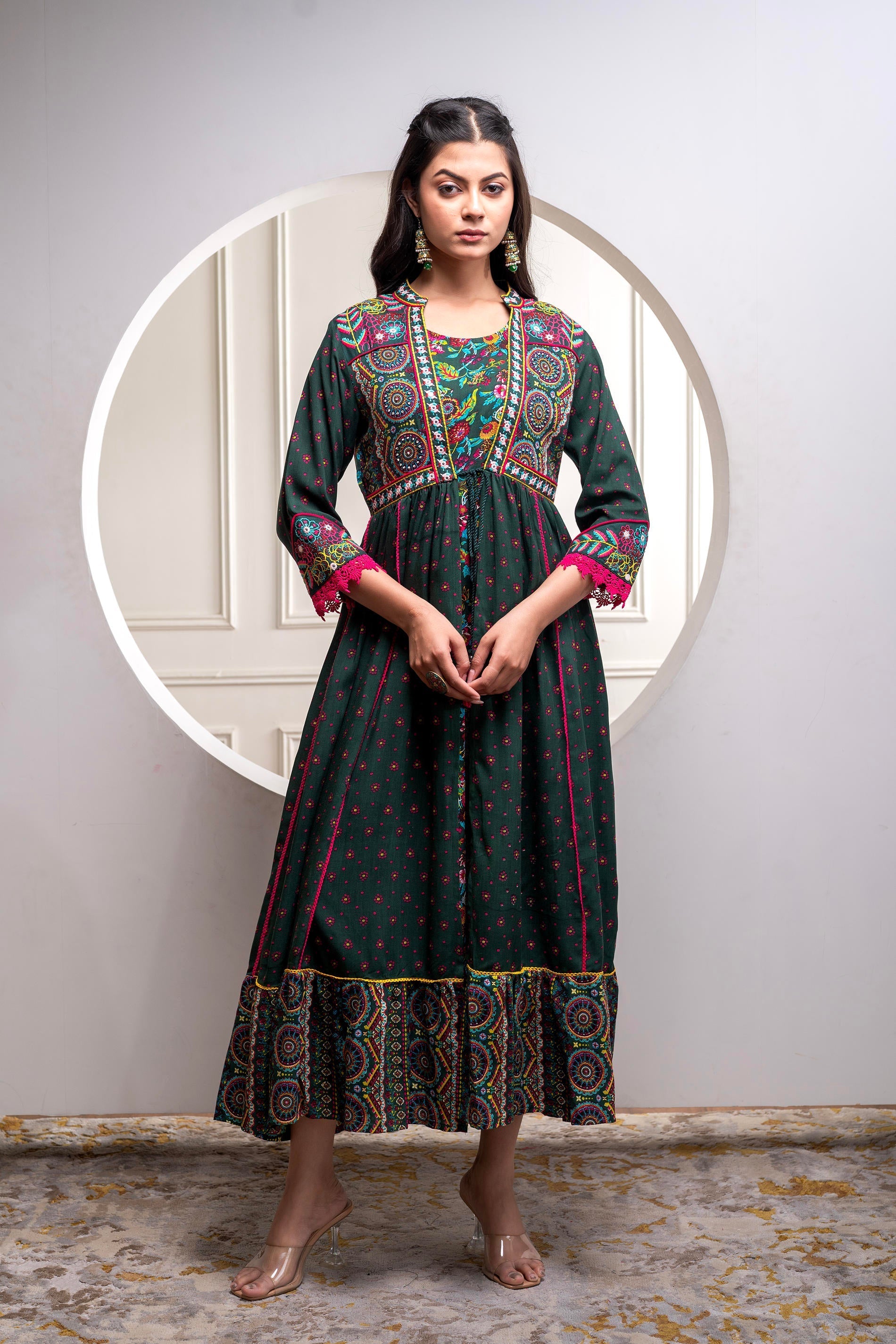 Juniper Viscose Bottle Green Embroidered Long Dress And Shrug Set With Thread, Mirror Work & Beads - Distacart