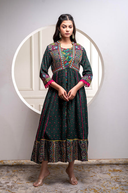 Juniper Viscose Bottle Green Embroidered Long Dress And Shrug Set With Thread, Mirror Work & Beads