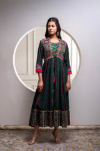 Juniper Viscose Bottle Green Embroidered Long Dress And Shrug Set With Thread, Mirror Work & Beads - Distacart