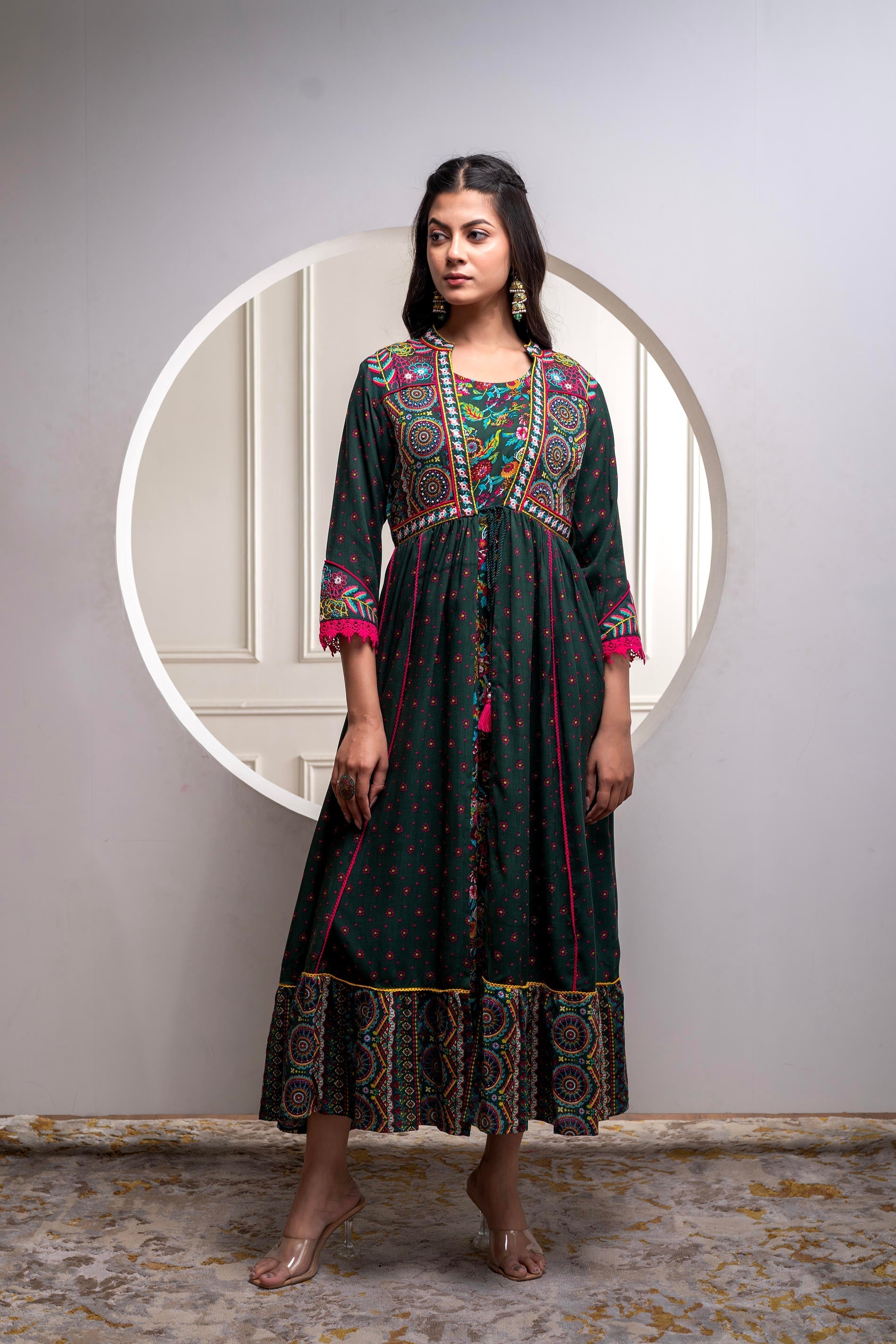 Juniper Viscose Bottle Green Embroidered Long Dress And Shrug Set With Thread, Mirror Work & Beads - Distacart