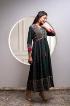 Juniper Viscose Bottle Green Embroidered Long Dress And Shrug Set With Thread, Mirror Work & Beads - Distacart