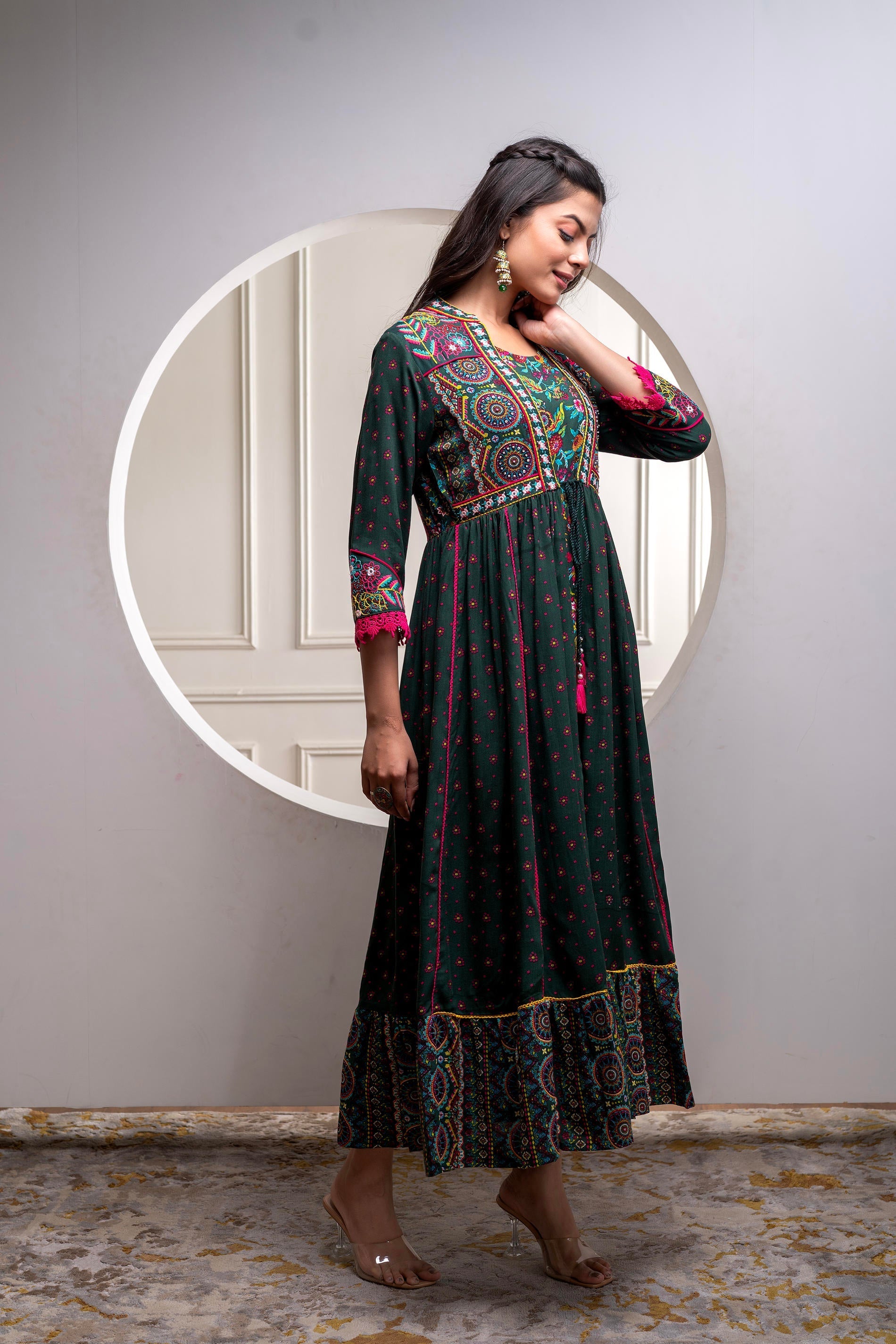 Juniper Viscose Bottle Green Embroidered Long Dress And Shrug Set With Thread, Mirror Work & Beads - Distacart