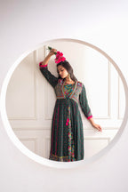 Juniper Viscose Bottle Green Embroidered Long Dress And Shrug Set With Thread, Mirror Work & Beads - Distacart