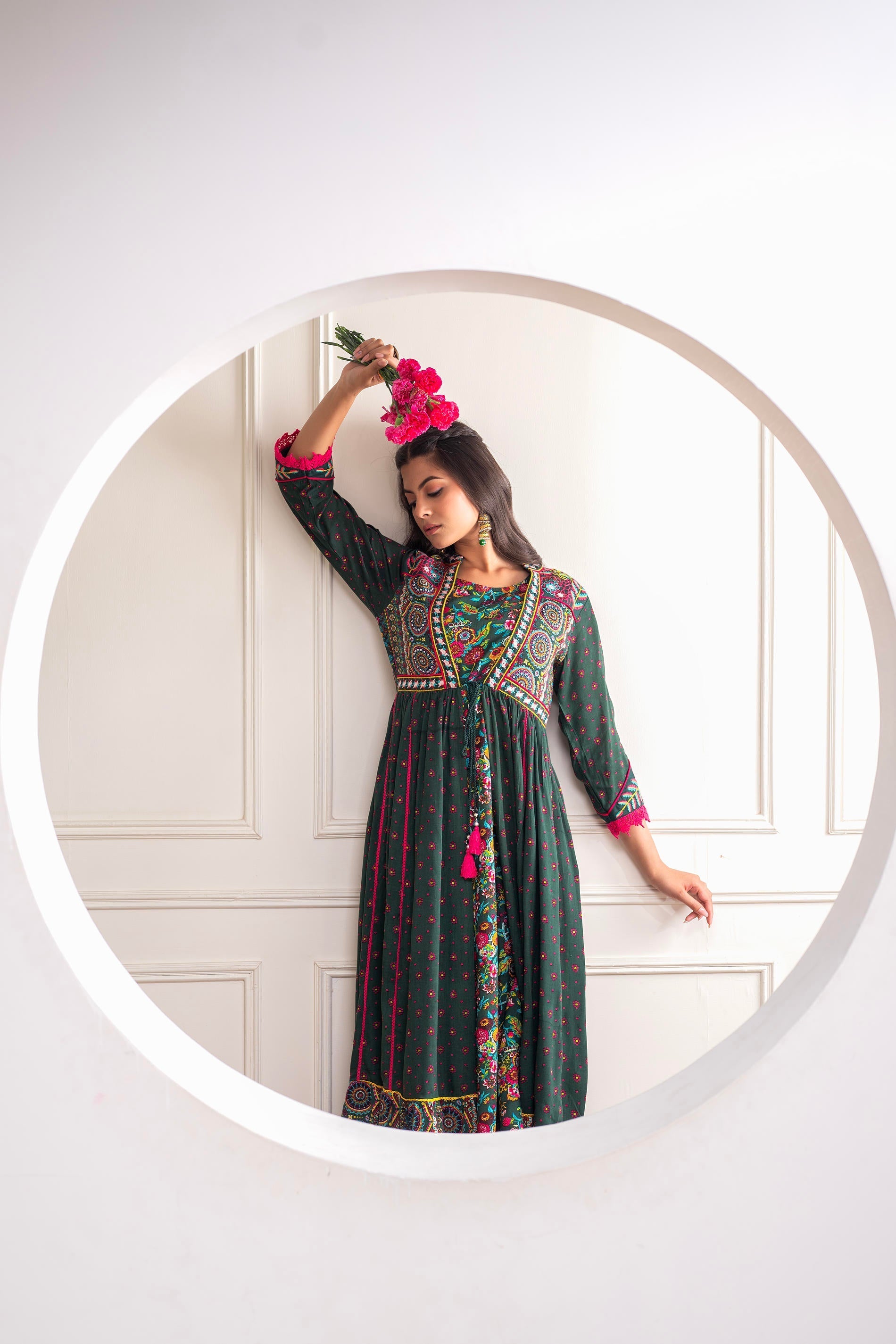 Juniper Viscose Bottle Green Embroidered Long Dress And Shrug Set With Thread, Mirror Work & Beads - Distacart