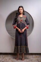 Juniper Viscose Grey Embroidered Long Dress And Shrug Set With Thread, Mirror Work & Beads - Distacart