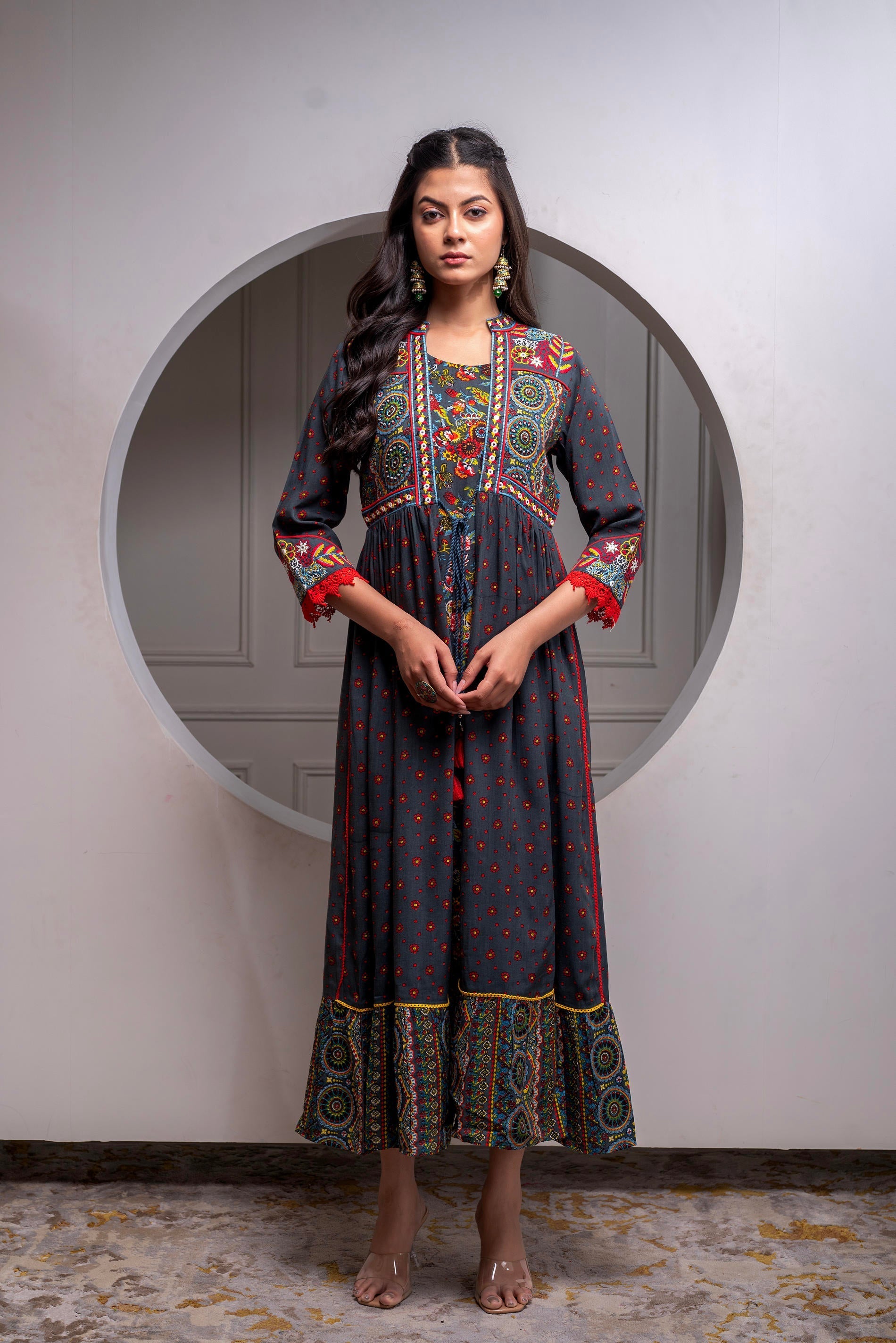 Juniper Viscose Grey Embroidered Long Dress And Shrug Set With Thread, Mirror Work & Beads - Distacart