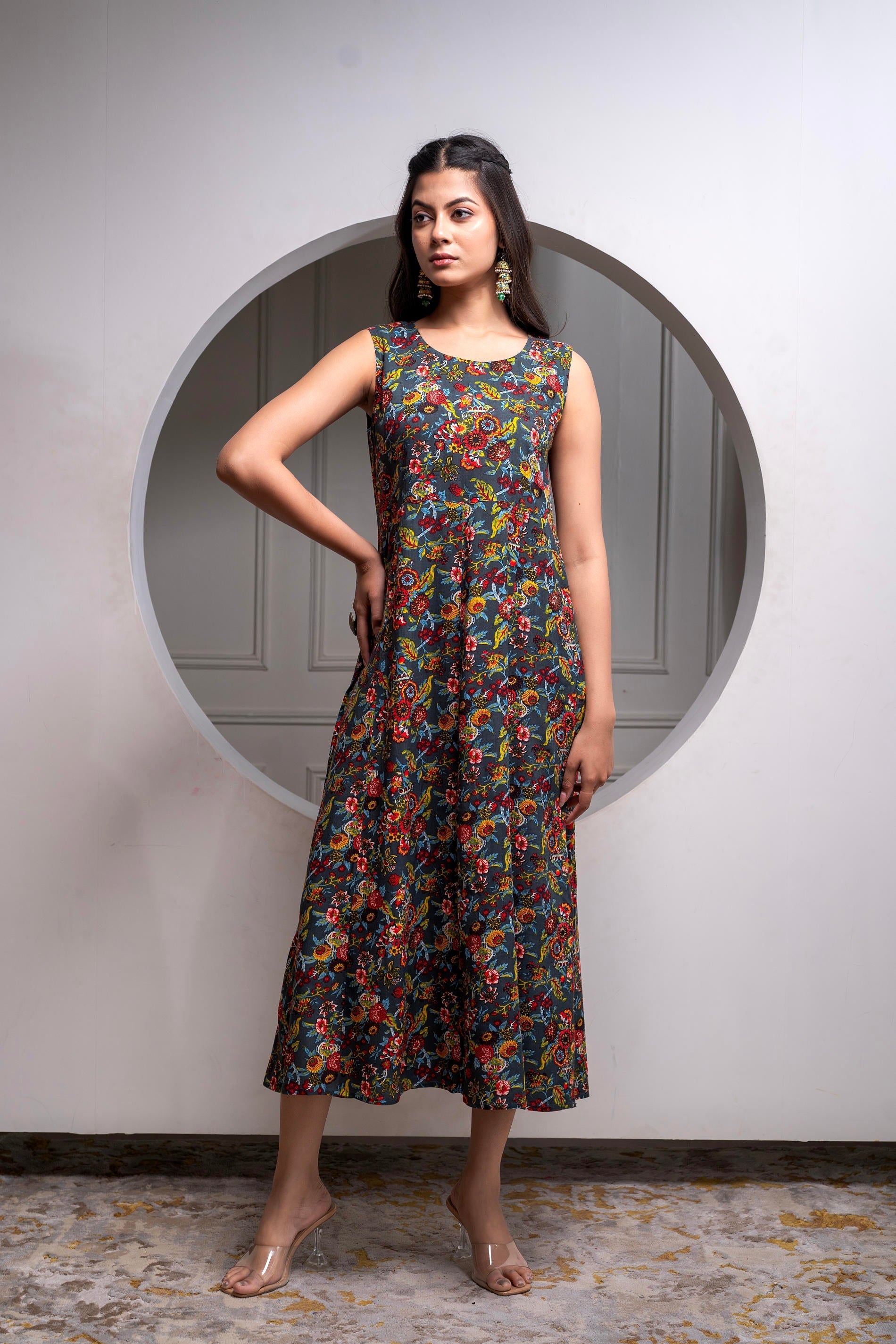 Juniper Viscose Grey Embroidered Long Dress And Shrug Set With Thread, Mirror Work & Beads - Distacart