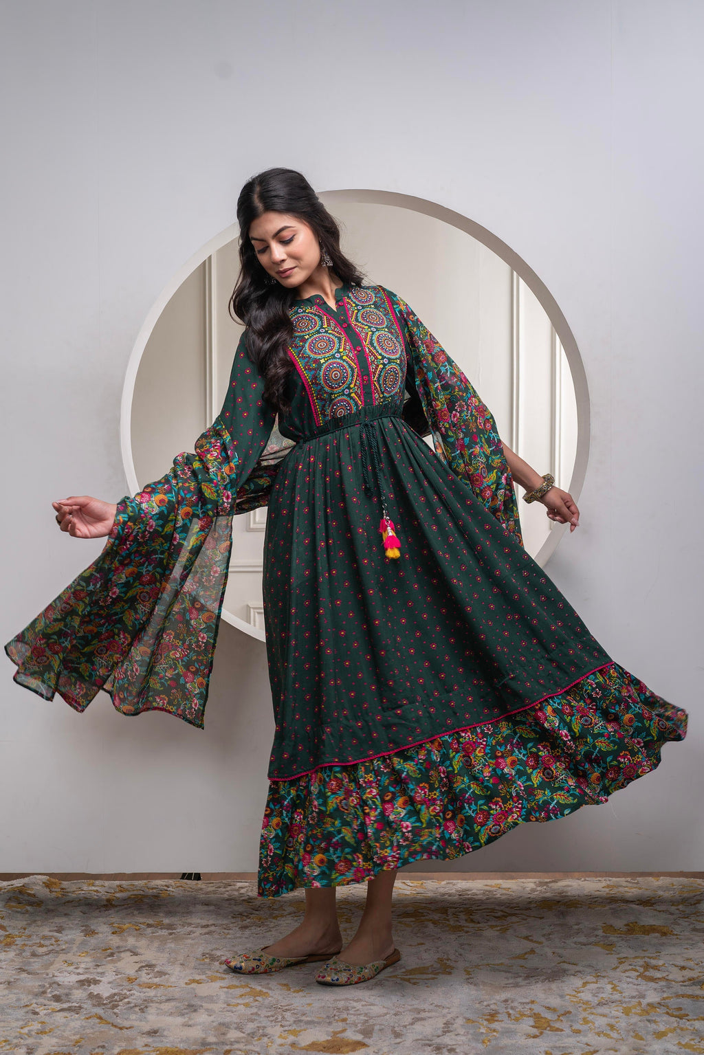Juniper Bottle Green Floral Viscose Long Dress With Dupatta And Dori, Sequence & Lace Work - Distacart