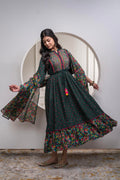 Juniper Bottle Green Floral Viscose Long Dress With Dupatta And Dori, Sequence & Lace Work - Distacart