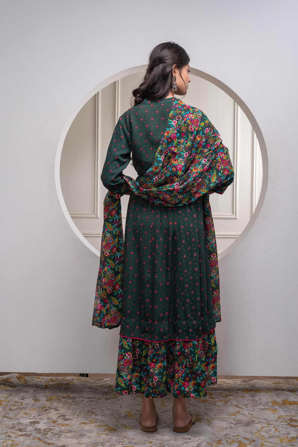 Juniper Bottle Green Floral Viscose Long Dress With Dupatta And Dori, Sequence & Lace Work - Distacart