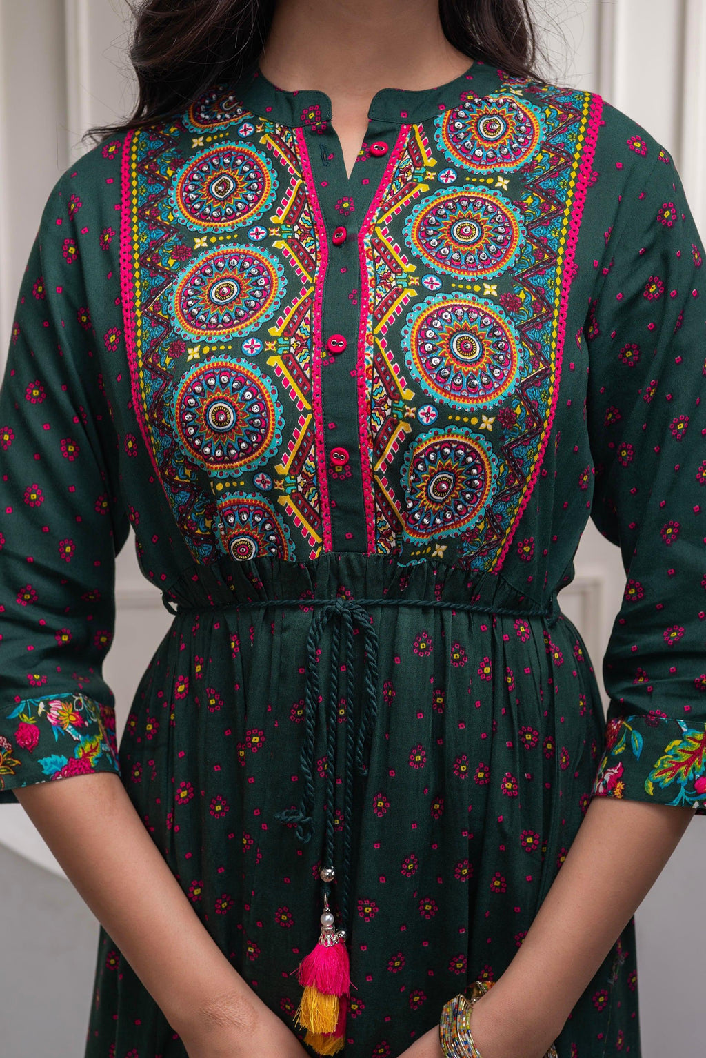 Juniper Bottle Green Floral Viscose Long Dress With Dupatta And Dori, Sequence & Lace Work - Distacart