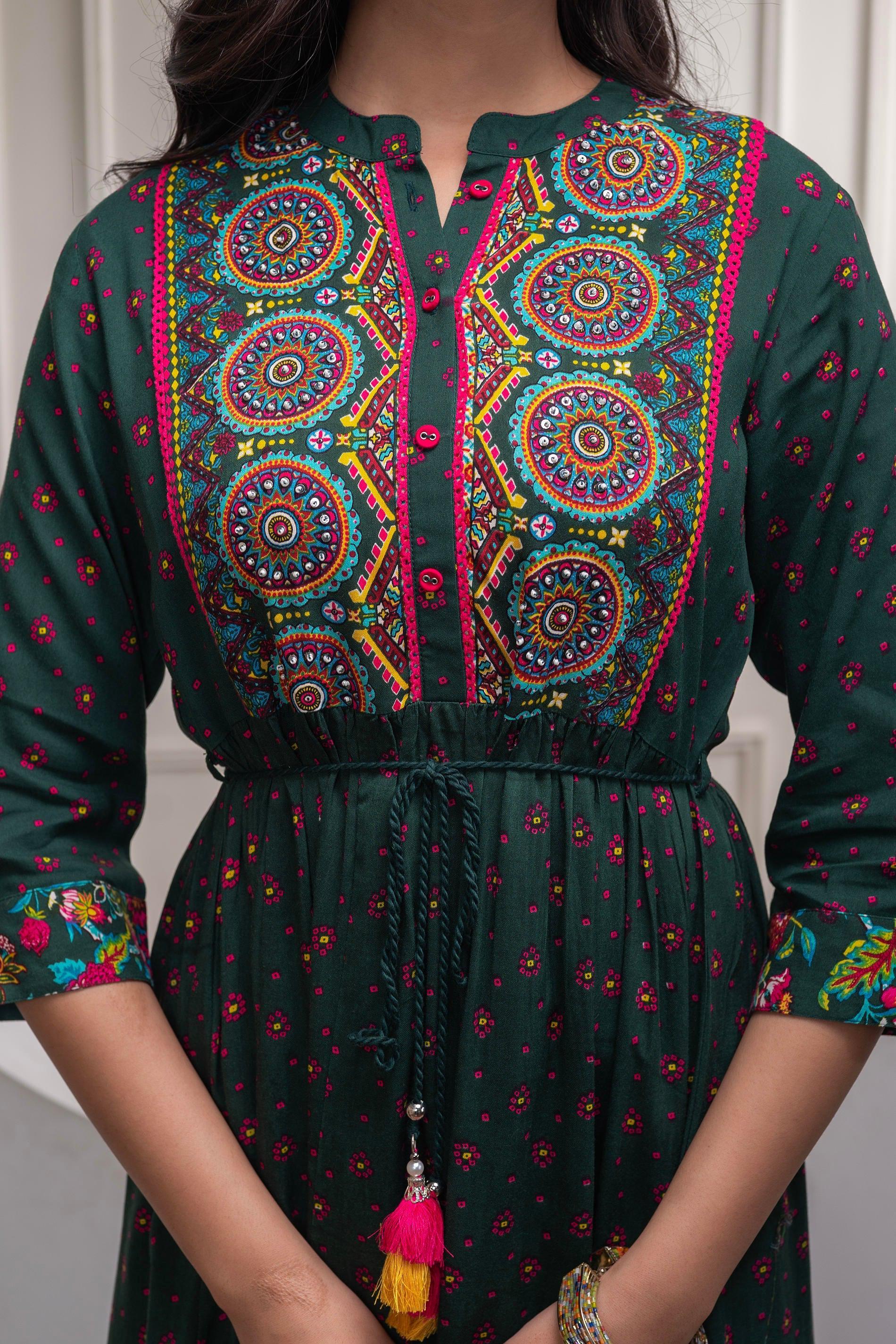 Juniper Bottle Green Floral Viscose Long Dress With Dupatta And Dori, Sequence & Lace Work - Distacart