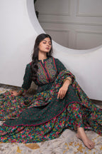 Juniper Bottle Green Floral Viscose Long Dress With Dupatta And Dori, Sequence & Lace Work - Distacart