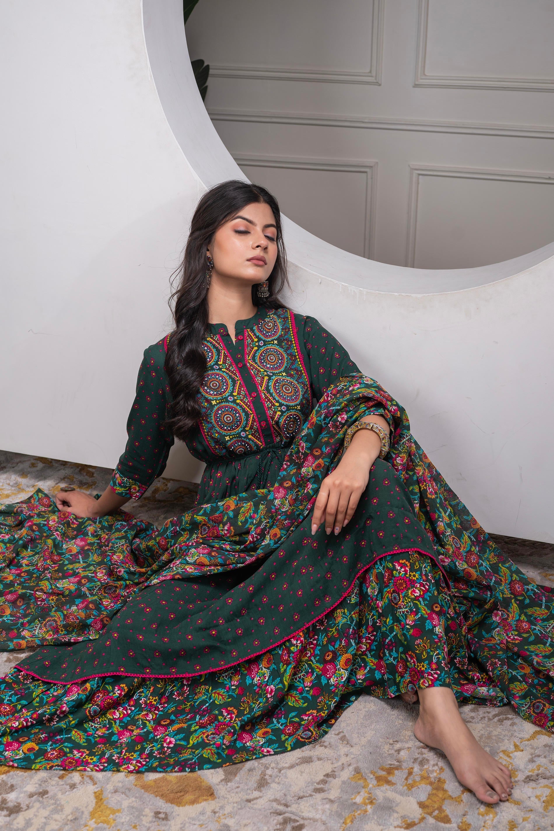 Juniper Bottle Green Floral Viscose Long Dress With Dupatta And Dori, Sequence & Lace Work - Distacart