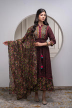 Juniper Brown Floral Viscose Long Dress With Dupatta And Dori, Sequence & Lace Work - Distacart