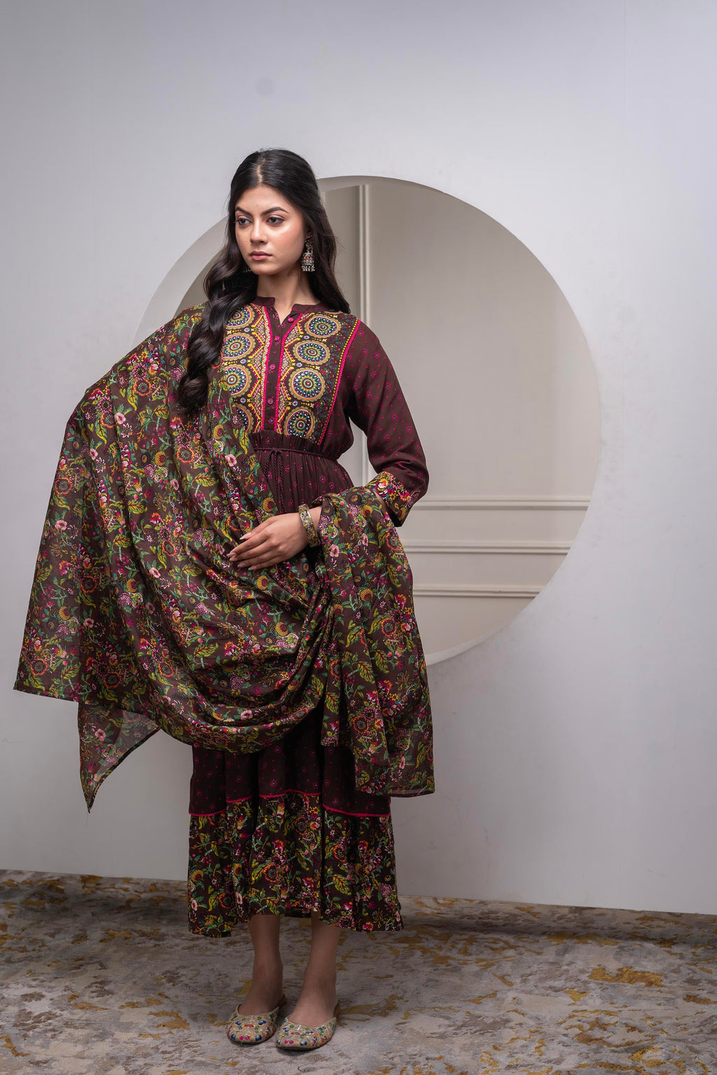 Juniper Brown Floral Viscose Long Dress With Dupatta And Dori, Sequence & Lace Work - Distacart