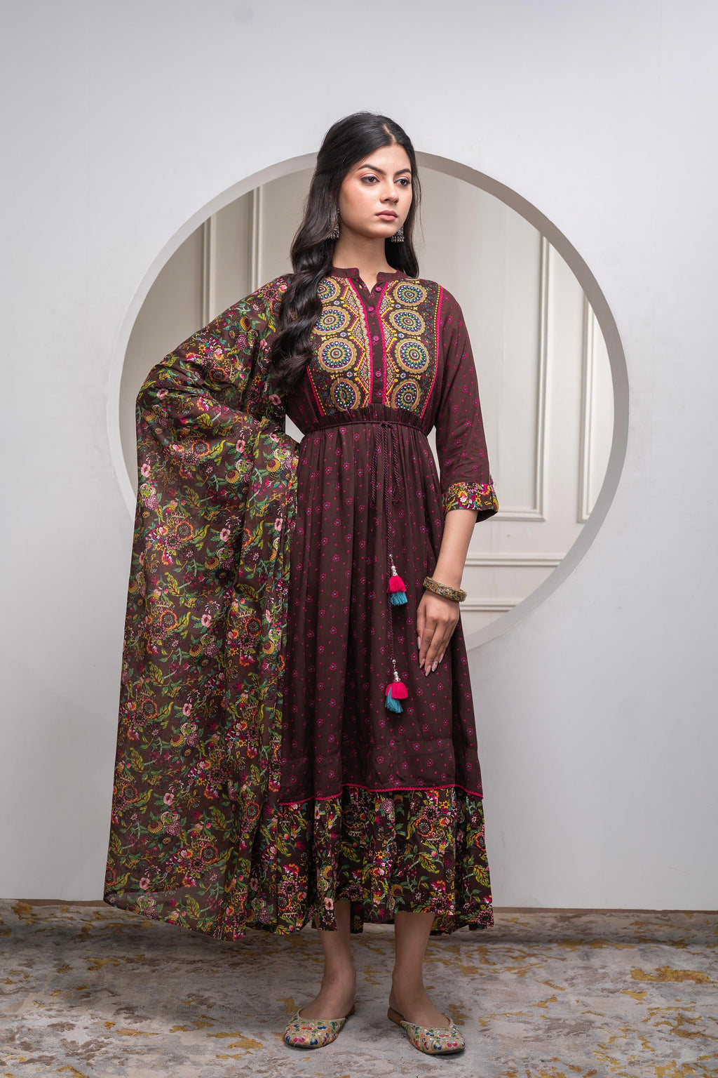 Juniper Brown Floral Viscose Long Dress With Dupatta And Dori, Sequence & Lace Work - Distacart