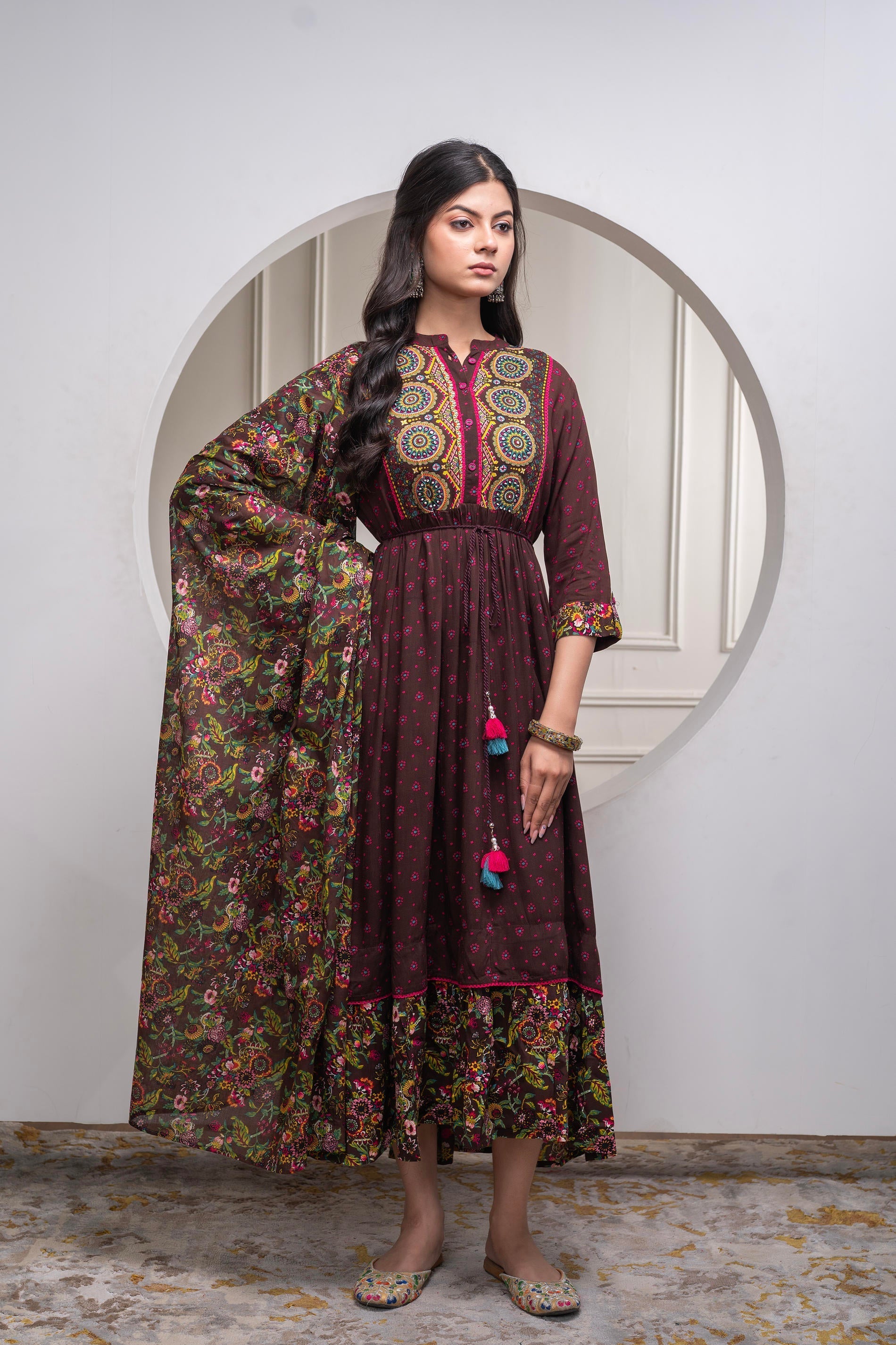 Juniper Brown Floral Viscose Long Dress With Dupatta And Dori, Sequence & Lace Work - Distacart