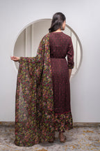 Juniper Brown Floral Viscose Long Dress With Dupatta And Dori, Sequence & Lace Work - Distacart