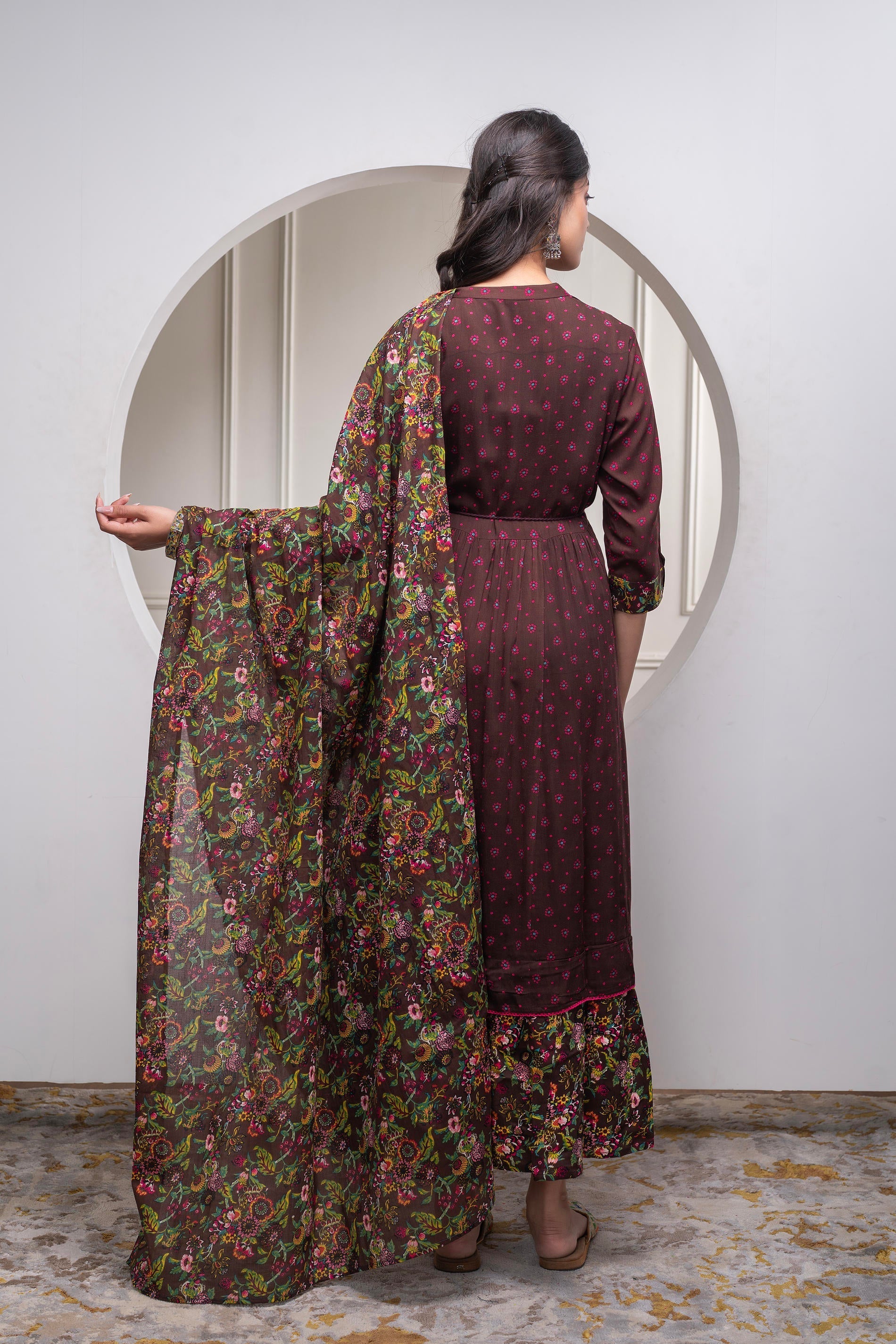Juniper Brown Floral Viscose Long Dress With Dupatta And Dori, Sequence & Lace Work - Distacart