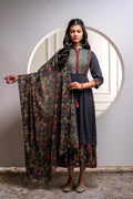 Juniper Grey Floral Viscose Long Dress With Dupatta And Dori, Sequence & Lace Work - Distacart