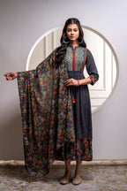 Juniper Grey Floral Viscose Long Dress With Dupatta And Dori, Sequence & Lace Work - Distacart
